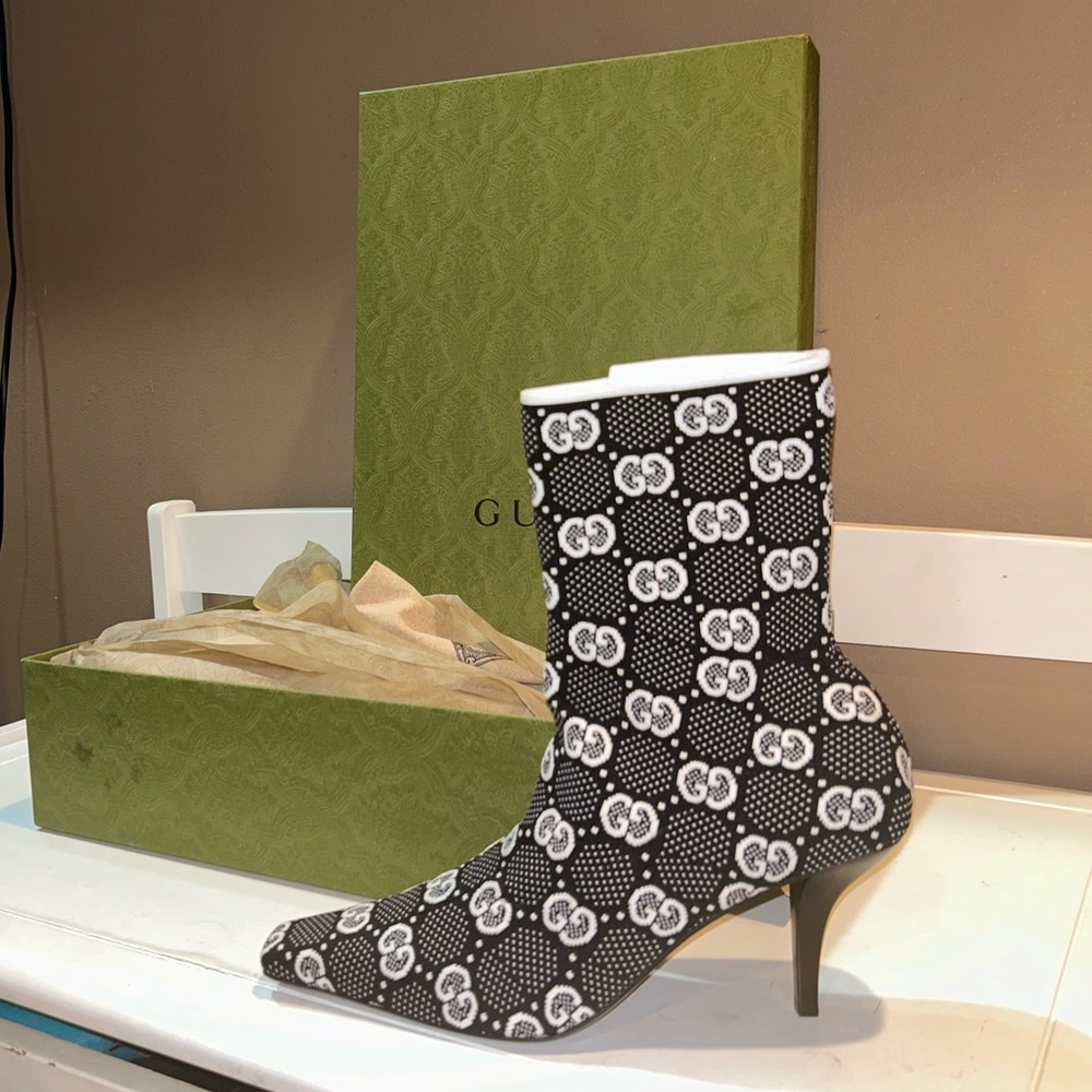 Gucci Black and White GG Logo Heeled Ankle Boots